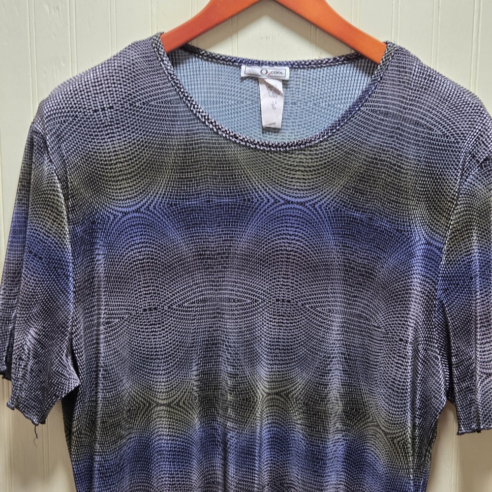 O2Cool Shirt Womens 2XL‎ Blue Geometric Knit Short Sleeve Tunic Top Plus
